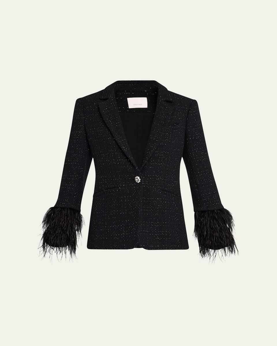 Karlie Feather-Trim Shimmer Boucle Blazer